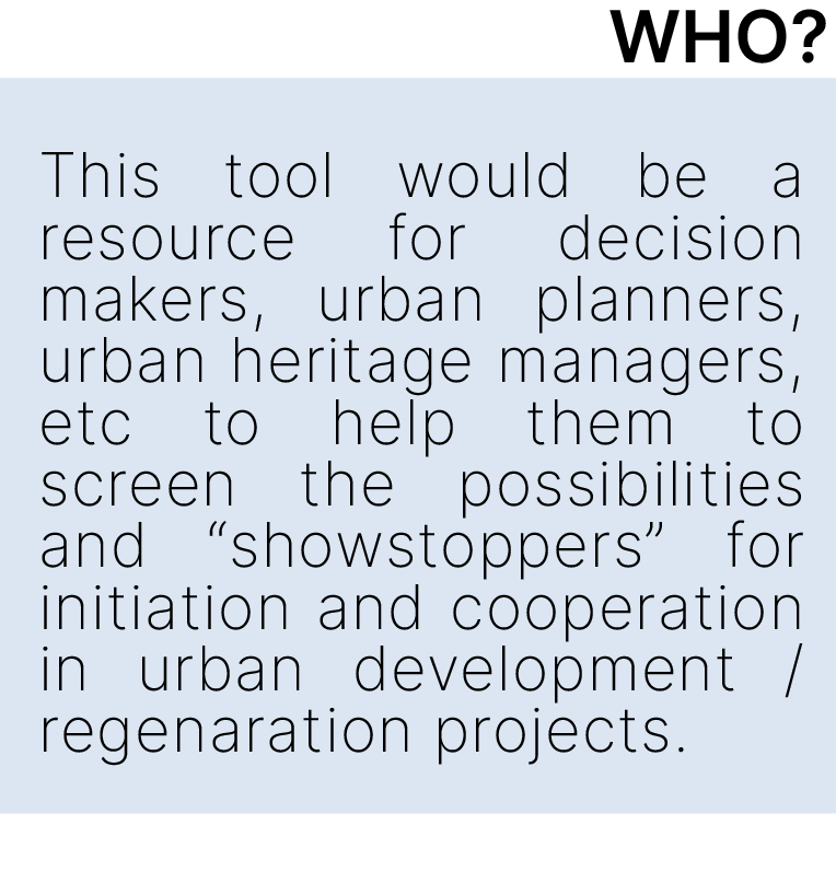 Contractor Essential Skills: this tool would be a resource for decision makers, urban planners, urban heritage managers, etc to help them to screen the possibilities and 